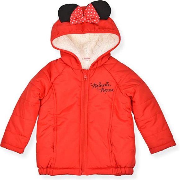Disney Girl's Minnie Mouse Print Hooded Puffer Jacket with Ears and Bow - 2T - Picture 1 of 2